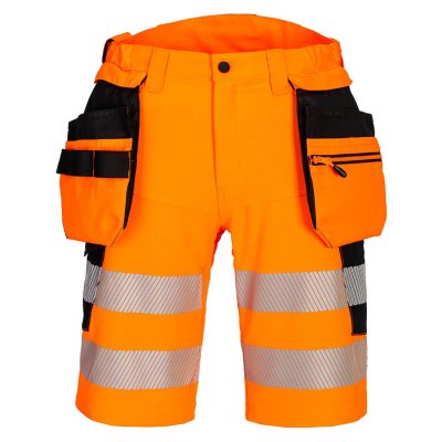 portwest, en iso 20471, klass, 1, hantverksshorts, dx446, fullstretch, helstretch, dx4, varsel, gul, reflexer, avtagbara, fickor
