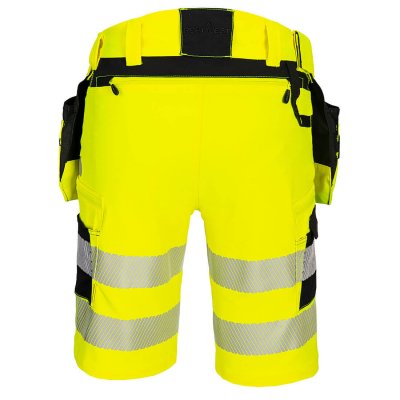 portwest, en iso 20471, klass, 1, hantverksshorts, dx446, fullstretch, helstretch, dx4, varsel, gul, reflexer, avtagbara, fickor