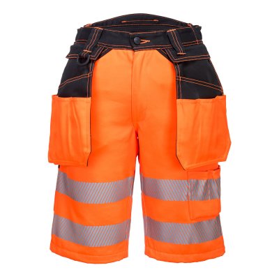 Arbetsshorts, hantverksshorts, hantverk, avtagbara, varsel, gul, orange, hög, synlighet, stretch, paneler, short, jobb, arbete,